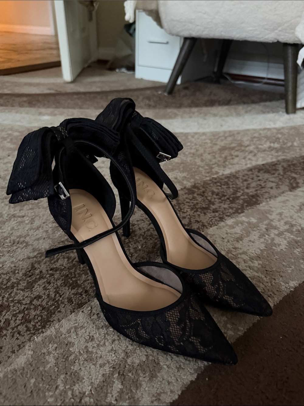 Black Lace Pointed-Toe Heels with Ankle Bow